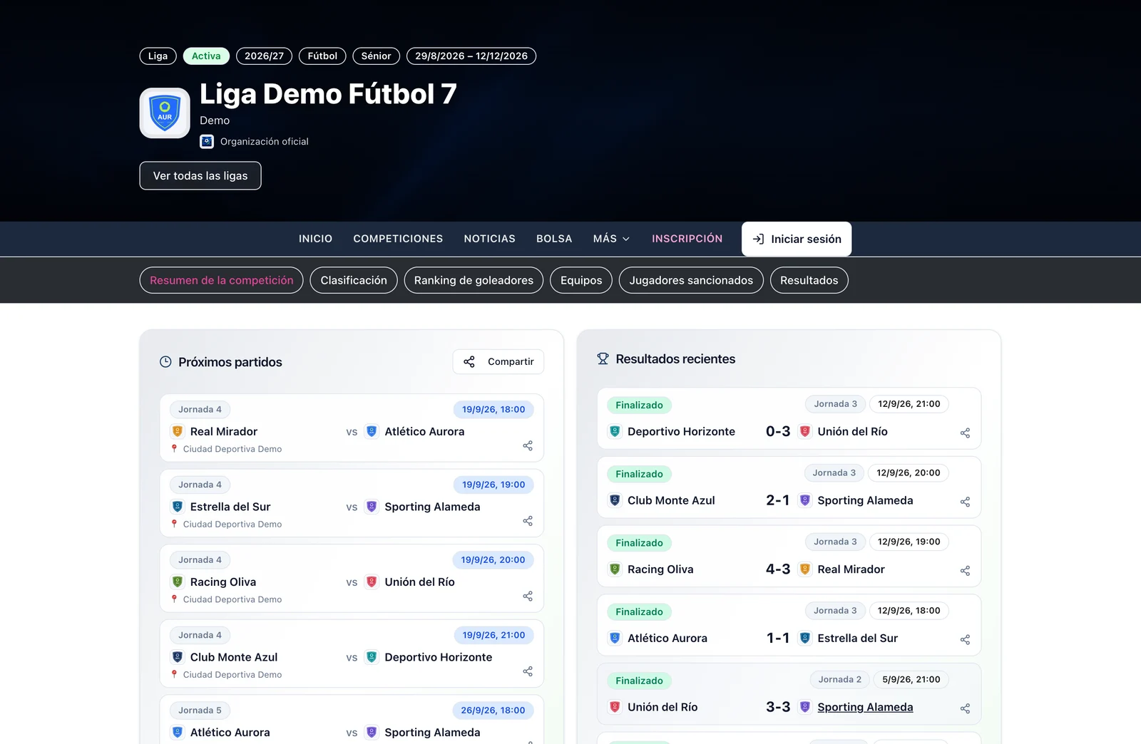Captura real de Liga Demo Fútbol 7: portal de la competición, calendario y resultados con escudos de los equipos