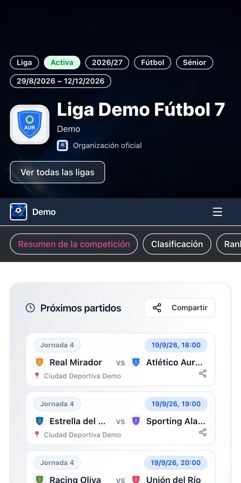 La misma liga demo en la pantalla de un móvil