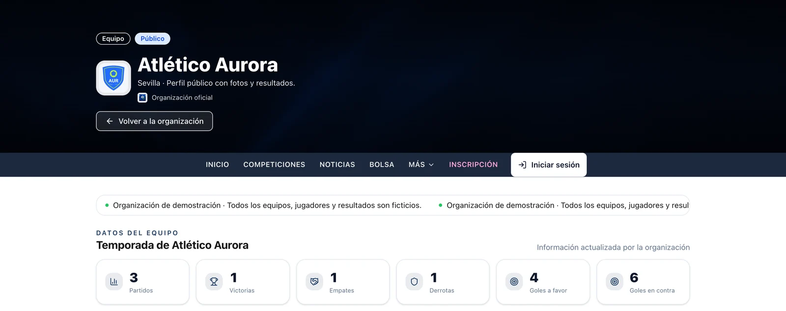 Captura real del portal del equipo Atlético Aurora en la liga demo